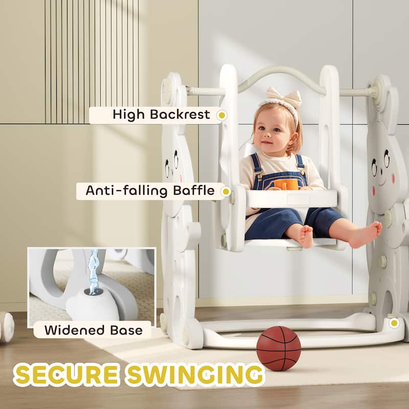 Gray 4 in 1 Kids Playset with Slide Swing Climber and Basketball Hoop for Toddlers 18 to 48 Months - 58.1" L x 63" W x 42.1" H