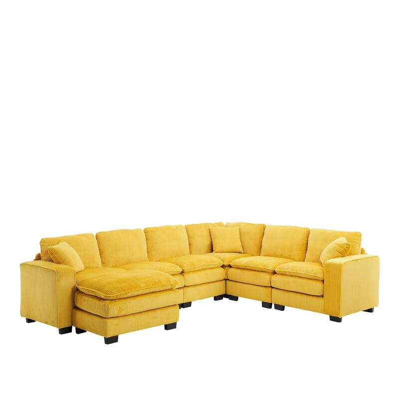 Corduroy Upholstered U-shaped Chaise Sectional Sofa Modular Sleeper Sofa Bed Deep Seat Couch with Ottoman and Pillows