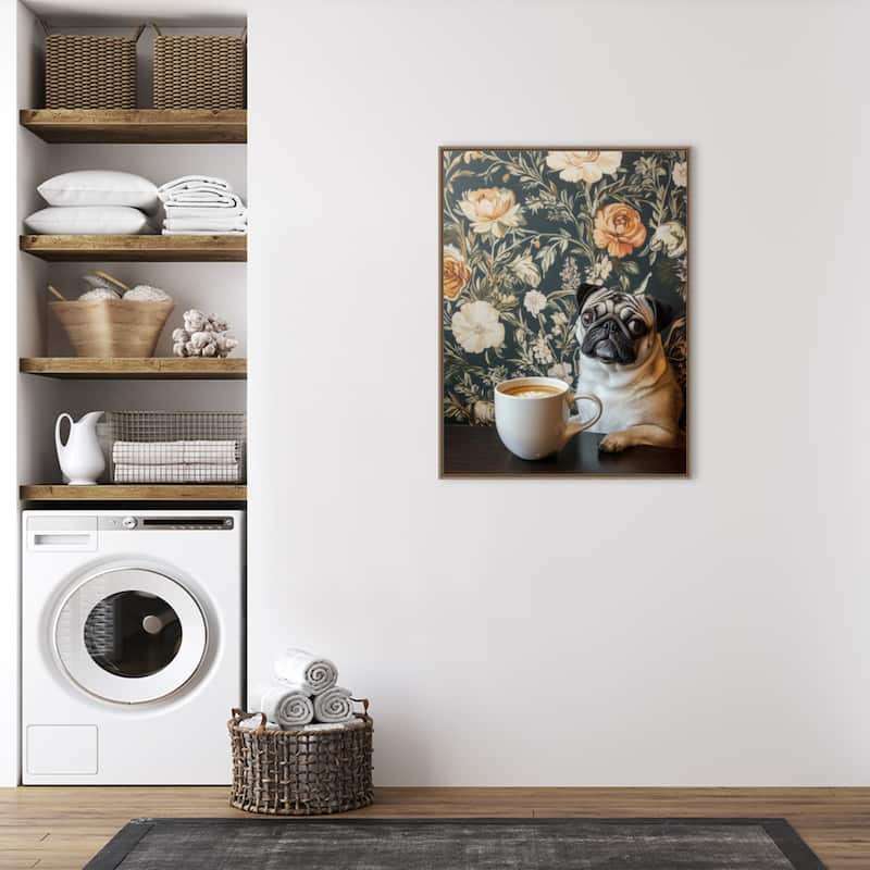 The Latte Loving Pug by Mowzu Framed Canvas Wall Art