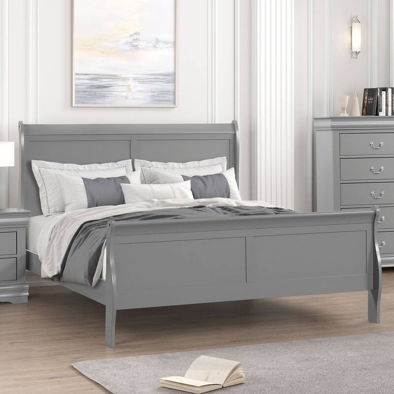 Queen Size Sleigh Bed in Gray with Wooden Bracket Feet