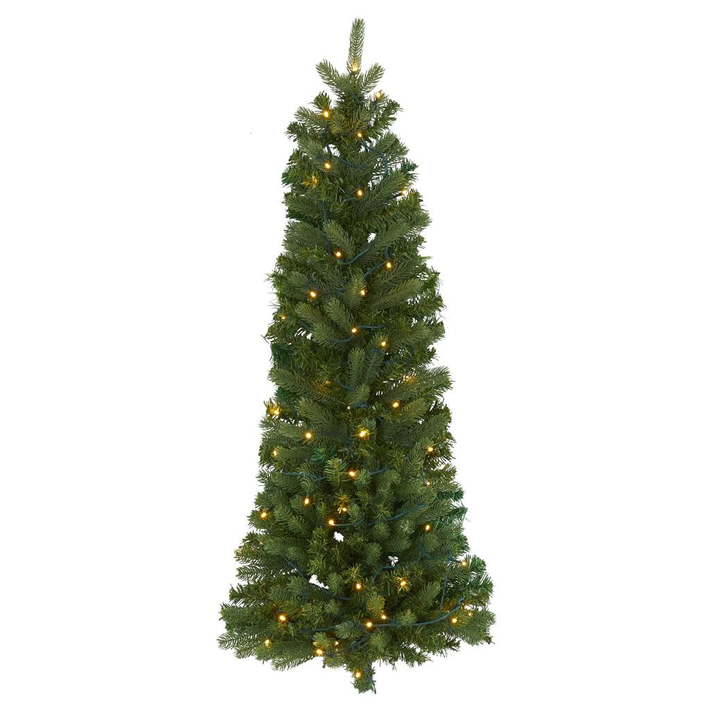 4' Pre-Lit Flat Back Pine Artificial Christmas Wall Tree, Clear LED Lights - 4 Foot