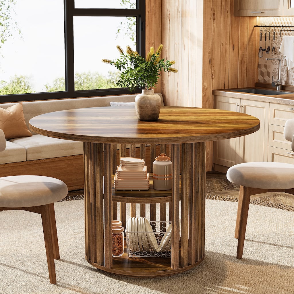 47 Inch Round Dining Table with 2-tier Storage and Solid Wood Base - 47.24" D x 47.24" W x 29.53" H