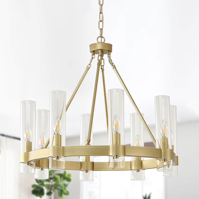 8-Light Industrial Wagon Wheel Chandelier with Glass