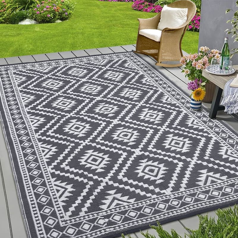 Outdoor Camping Rugs, Reversible Mats, Plastic Straw Rug for Patio - Grey/White - 9*12Ft 