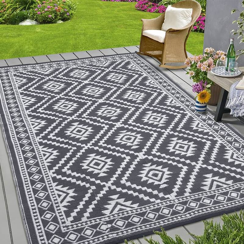 Outdoor Rugs Reversible Geometric Boho Plastic Straw Rug for Patio Camping Beach Deck Picnic Backyard - 9'x12' - Gray White