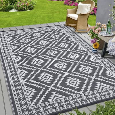 Outdoor Rugs Reversible Geometric Boho Plastic Straw Rug for Patio Camping Beach Deck Picnic Backyard