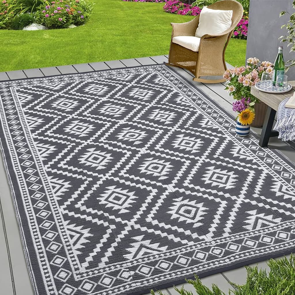 Outdoor Rugs Reversible Geometric Boho Plastic Straw Rug for Patio Camping Beach Deck Picnic Backyard