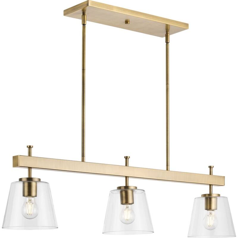 Saffert Collection Three-Light New Traditional Vintage Brass Clear Glass Linear Island Chandelier Light - 40 in x 7.56 in x 11.87 in