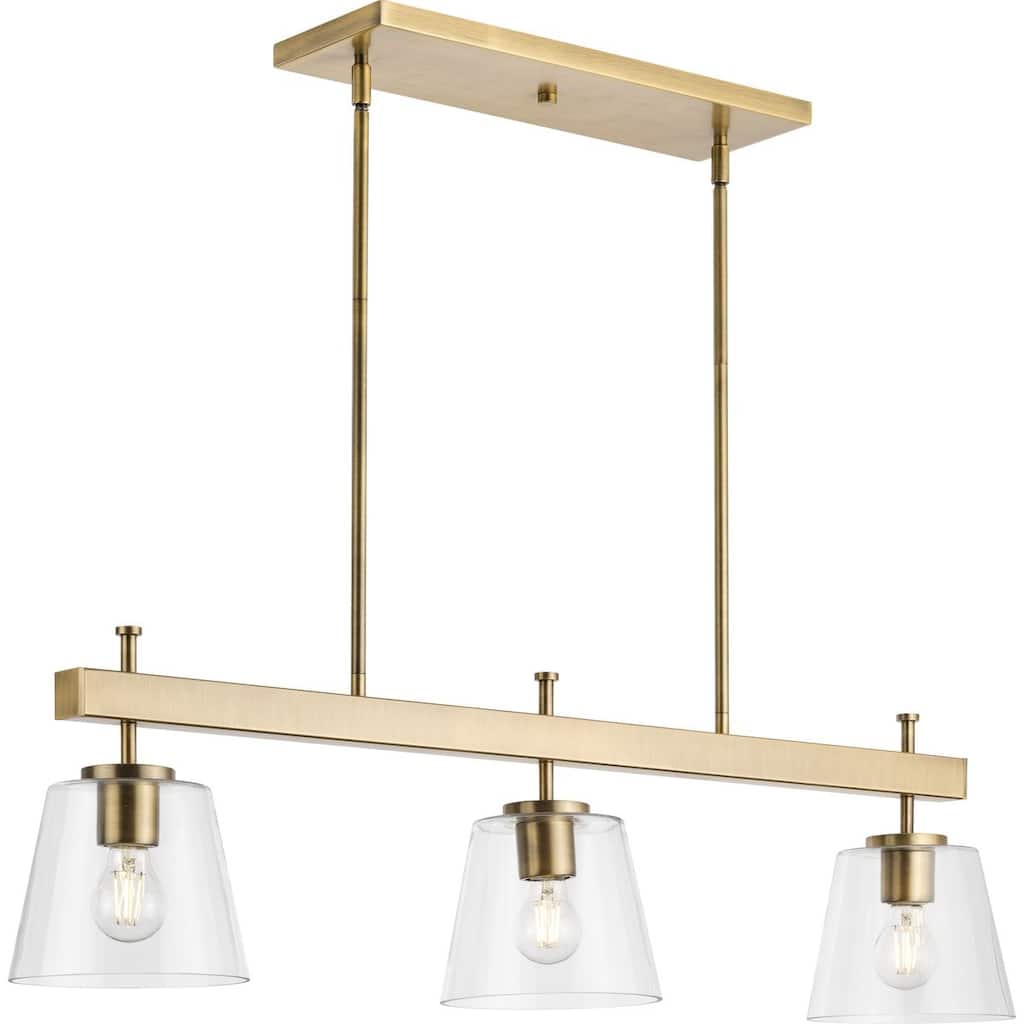 Saffert Collection Three-Light New Traditional Vintage Brass Clear Glass Linear Island Chandelier Light
