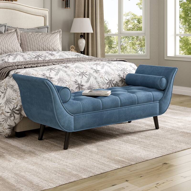 Upholstered Velvet Bench End of Bed Bench with 2 Pillows, Button Tufted Ottoman Footstool with Rolled Arms