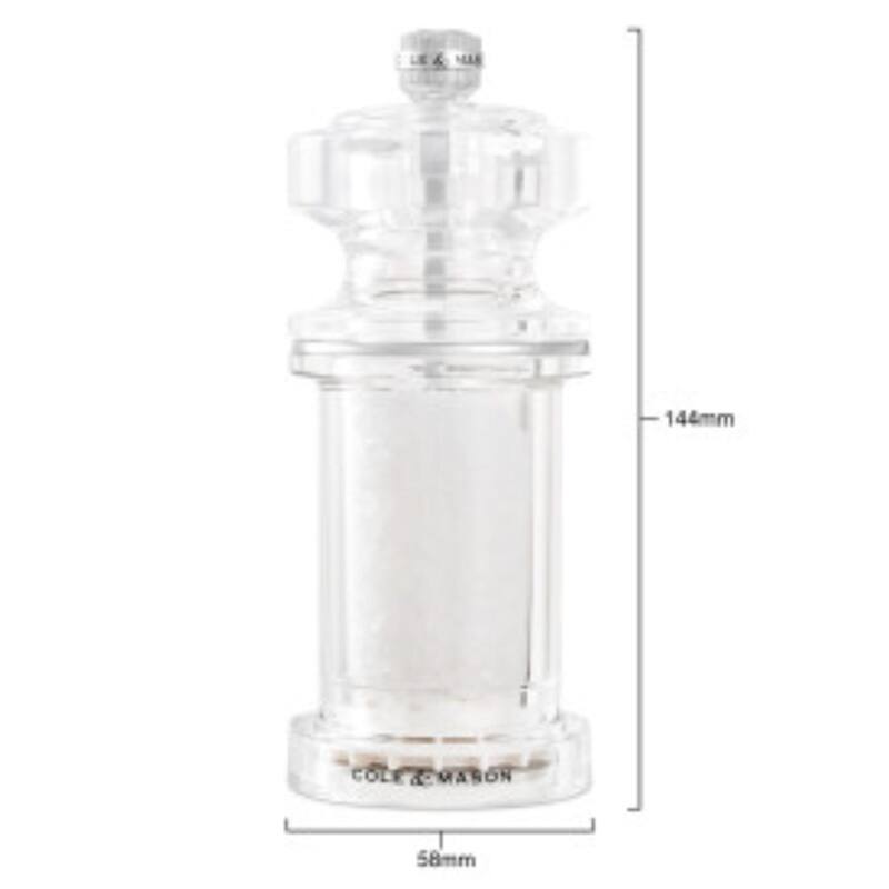 Cole & Mason 605 Salt Mill 5¾" - Clear Acrylic, Adjustable Grind, Durable Ceramic Mechanism