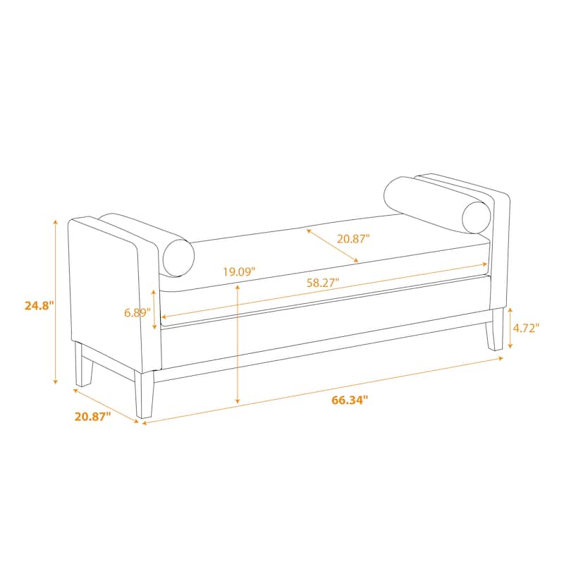 66.34"W Elegant Upholstered Bench, Daybed, Ottoman with Wood Legs & 2 Bolster Pillows for End of Bed, Bedroom, Living Room