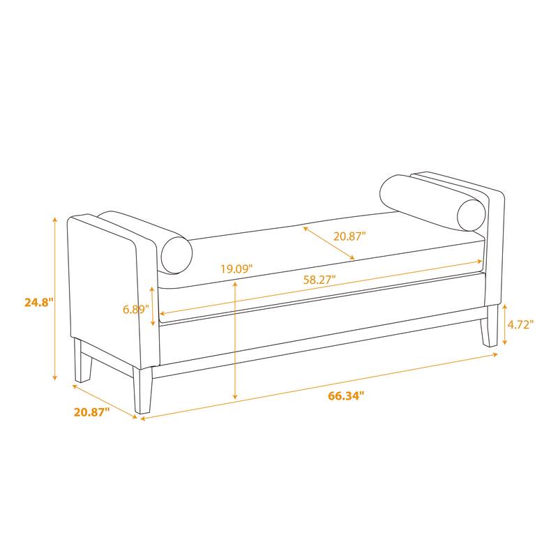 66.34"W Elegant Upholstered Bench, Ottoman with Wood Legs & 2 Bolster Pillows for End of Bed, Bedroom, Living Room, Entryway