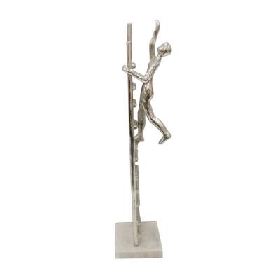 Man Climbing On Ladder Metal Figurine On Marble Base, Silver