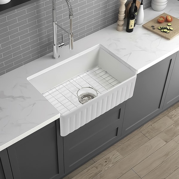 slide 2 of 19, Premium White Fireclay Kitchen Sink for Home, Farmhouse (Grid & Strainer Included) 30" x 18" - Single Bowl
