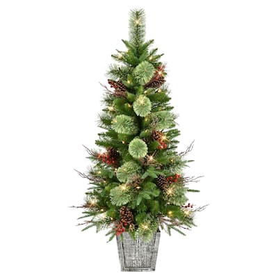 Pre-Lit Potted Slim Artificial Christmas Tree - 4.5' - Clear Lights