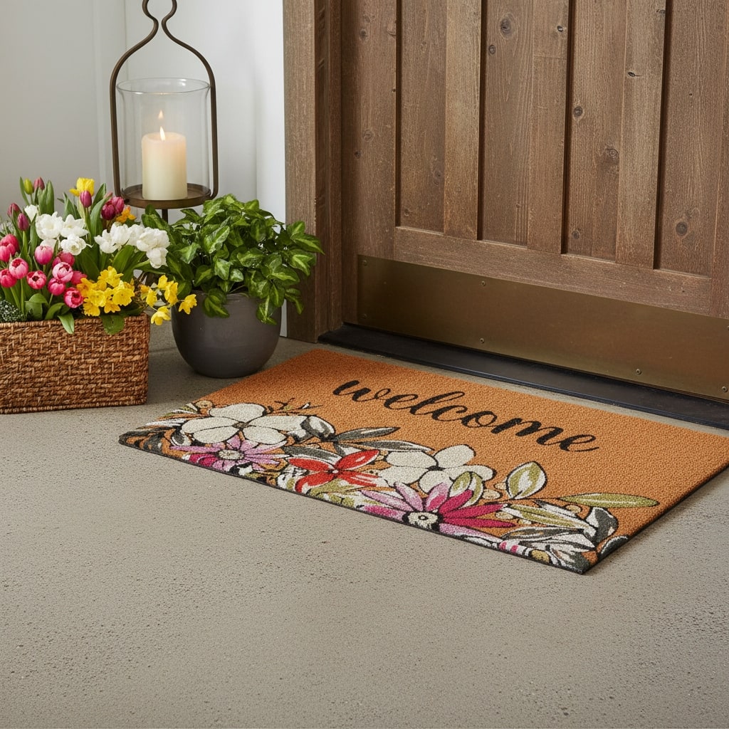 HomeRoots 24" X 36" Brown Black And White Floral Welcome Outdoor Coir Door Mat - 24.00' X '36.00