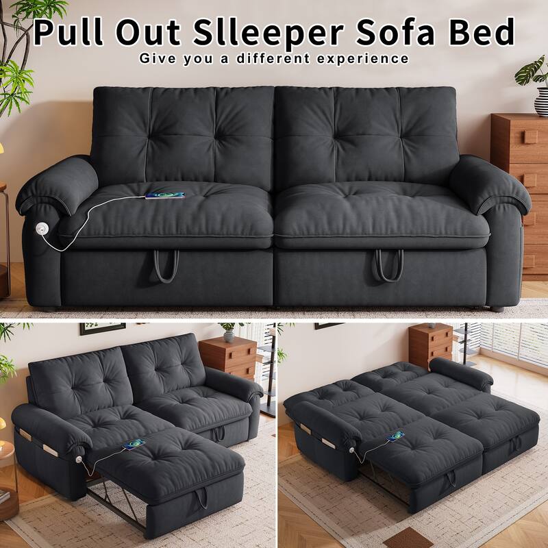 2-in-1 Velvet Pull Out Sleeper Sofa Bed Convertible Loveseat Couch for Sitting, Napping or Sleeping with Side Pockets and USB