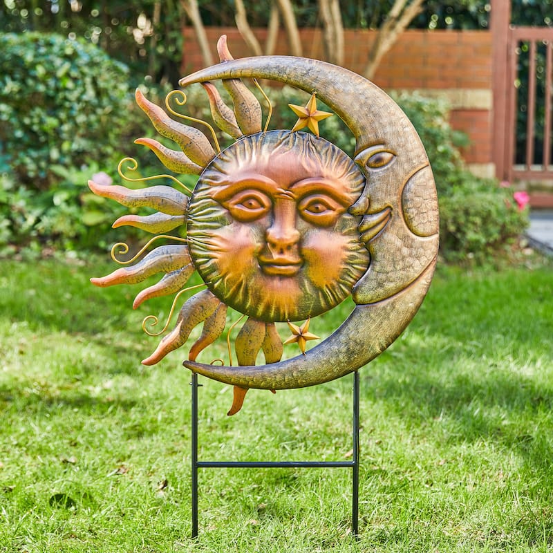 Glitzhome 36.25''H Metal Sun and Moon Wall Decor Yard Stake for Indoor and Outdoor