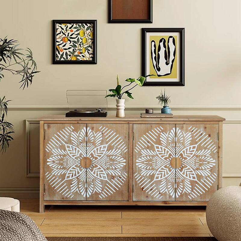 60-Inch Wood Accent Cabinet with Four Doors – Brown & Antique White Modern Pantry Storage, Buffet, Media Console.