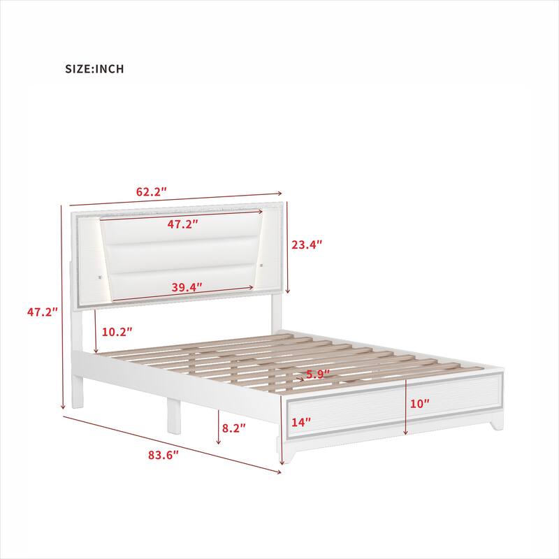 Modern Queen Bed with Sparkling Headboard & LED Light Strips, Platform Design