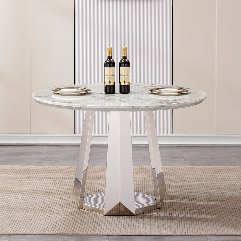 47" Round Dining Table with Faux Marble Tabletop and Stainless Steel Base - Silver+White