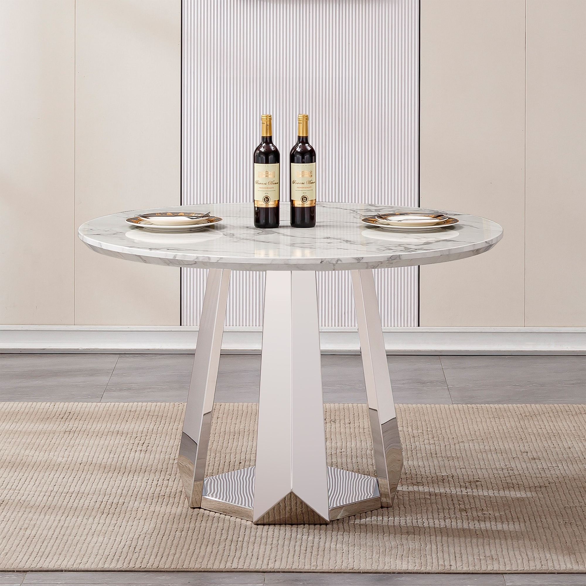 47" Round Marble Dining Table, Modern Kitchen Table with High Gloss Faux Marble Tabletop and Stainless Steel Base