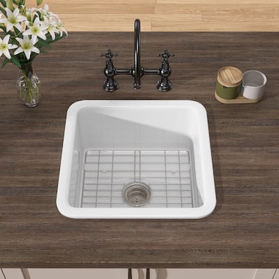18" L X 18" W Fireclay Single Bowl Drop-In Kitchen Sink Undermount Farmhouse Sink With Accessory