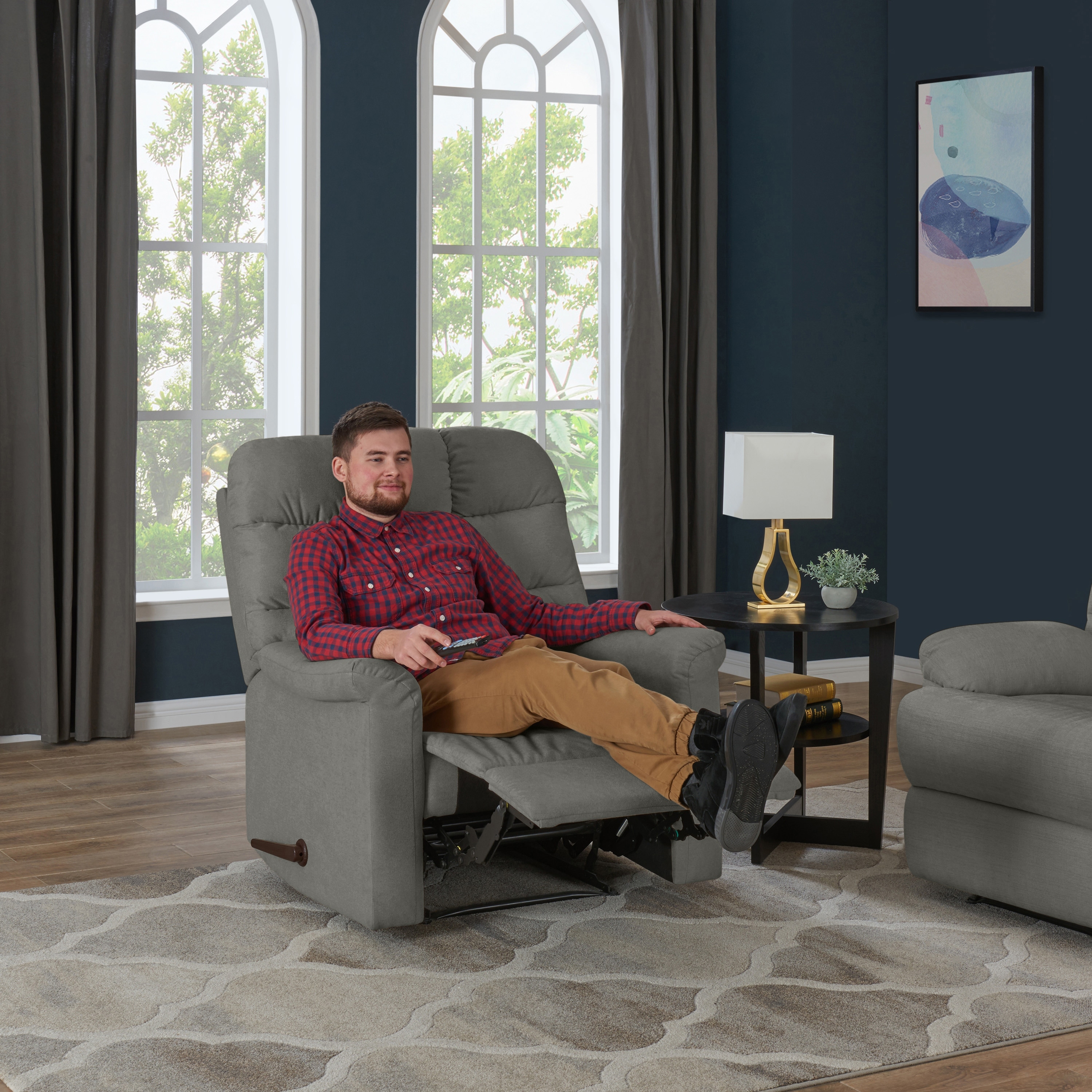 Copper Grove Deinze Blue Grey Tan Velvet Tufted Back Extra Large Wall Hugger Reclining Chair