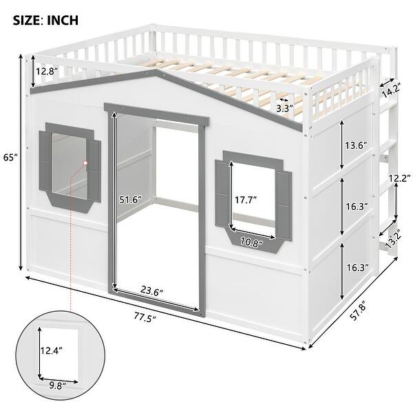 dimension image slide 3 of 4, Full Size House Loft Bed With Ladder,Child-Like House Design Underneath
