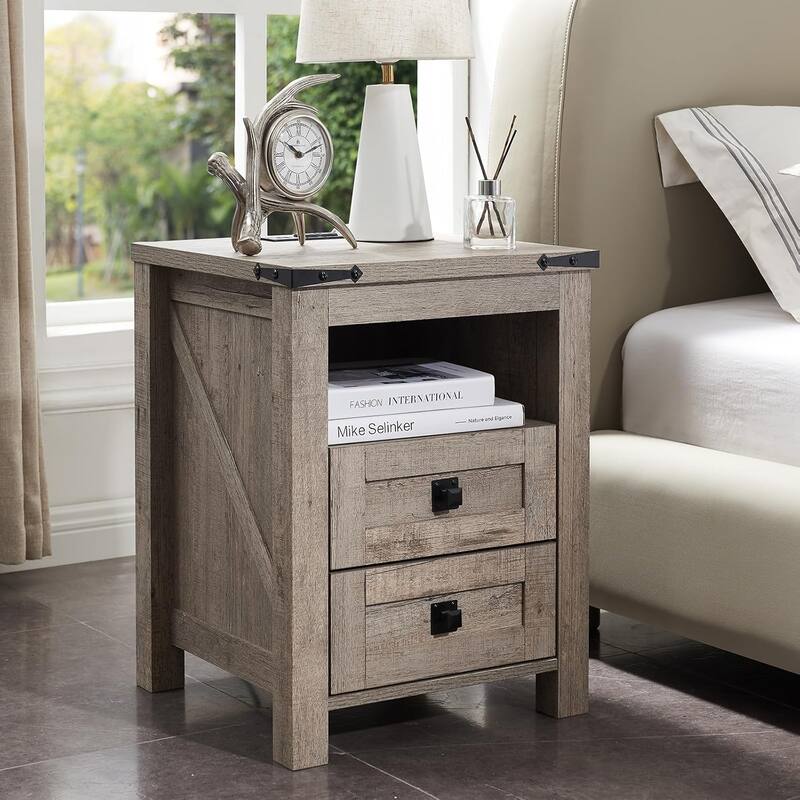 Farmhouse Nightstand with Charging Station, End Table, Side Table - Light Rustic Oak
