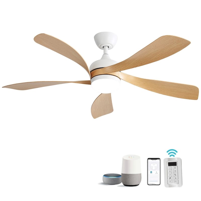 45 Inch / 52 Inch White Ceiling Fan with Dimmable LED Light and Remote, 6-Speed Reversible DC Motor, ABS Blades - Smart 45 Inch With APP/Voice/Remote Control - White With Light Brown ABS Blades