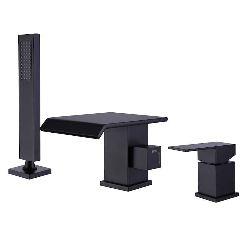 Deck Mounted Roman Tub Waterfall Faucet with Handshower in Matte Black