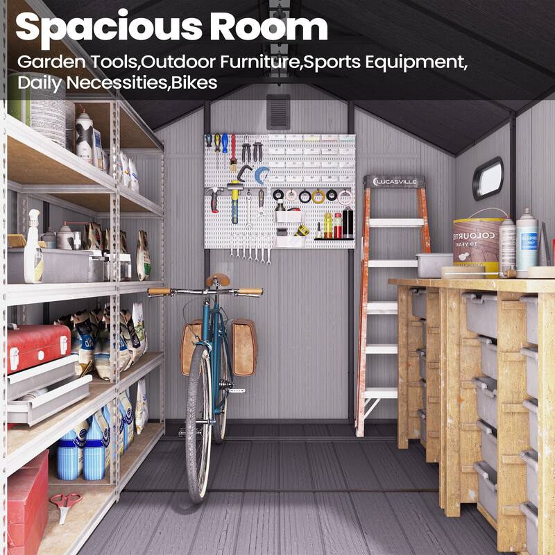 All-Weather Lockable Resin Outdoor Storage Shed with Window Floor for Patio Furniture and Tools