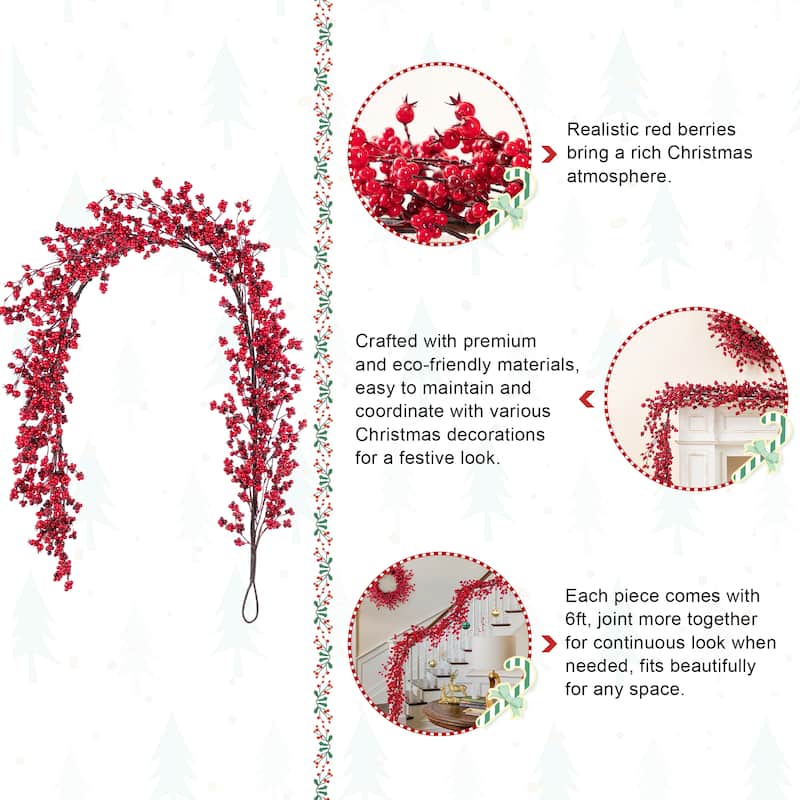 Glitzhome Christmas Red Berries 14"D/ 25"D Wreath & 6ft Garland