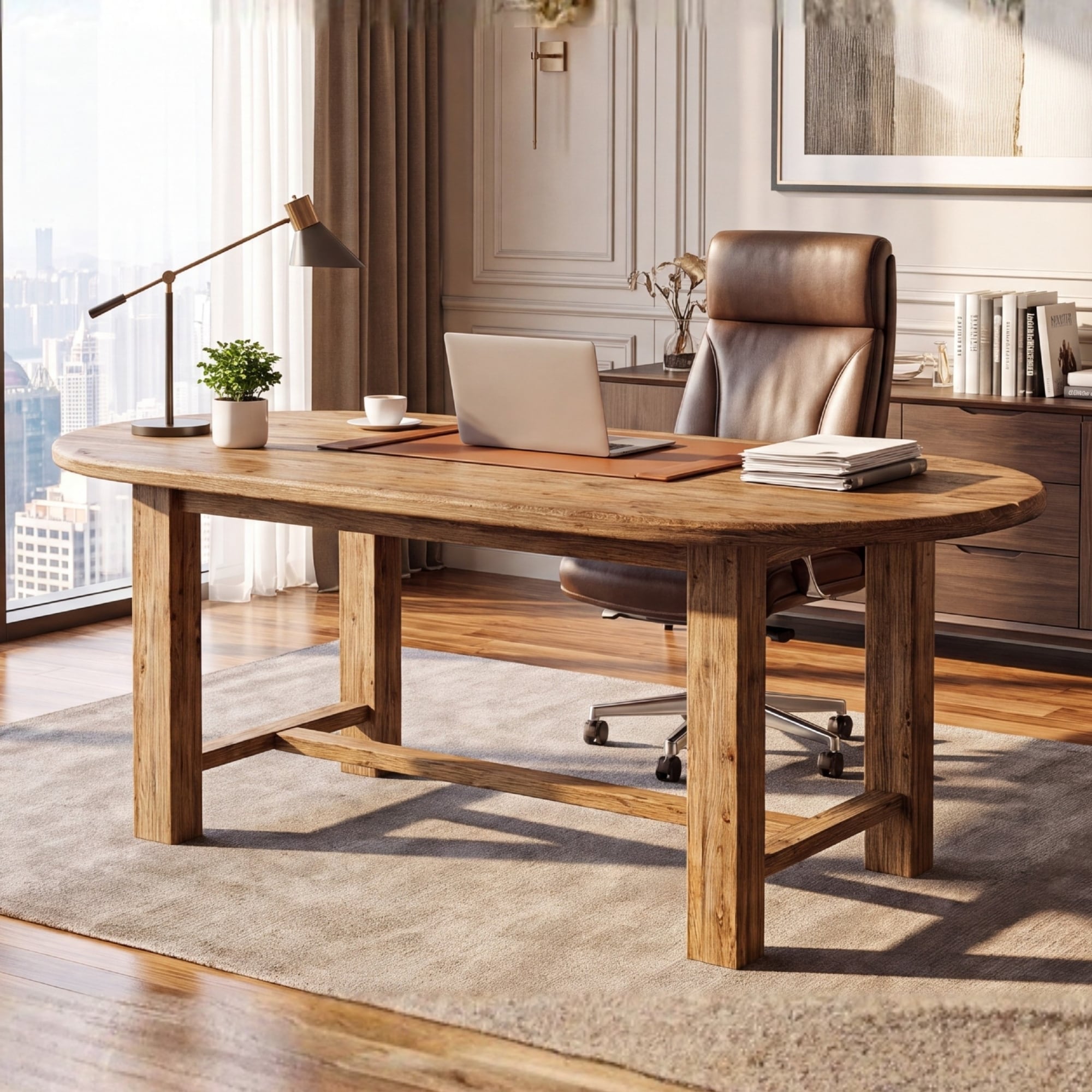 63" Solid Wood Office Computer Desk, Large Farmhouse Oval Writing Desk, Executive Desk for Home Office