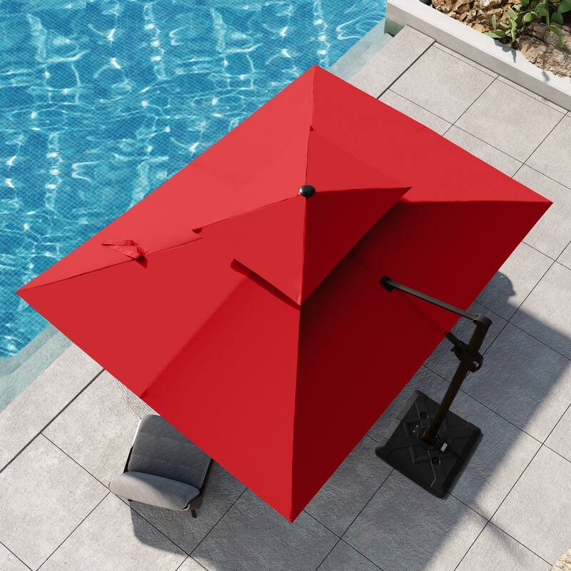9 FT x 12 FT Outdoor Patio Dual Top Umbrella Cantilever Offset with Base - Red