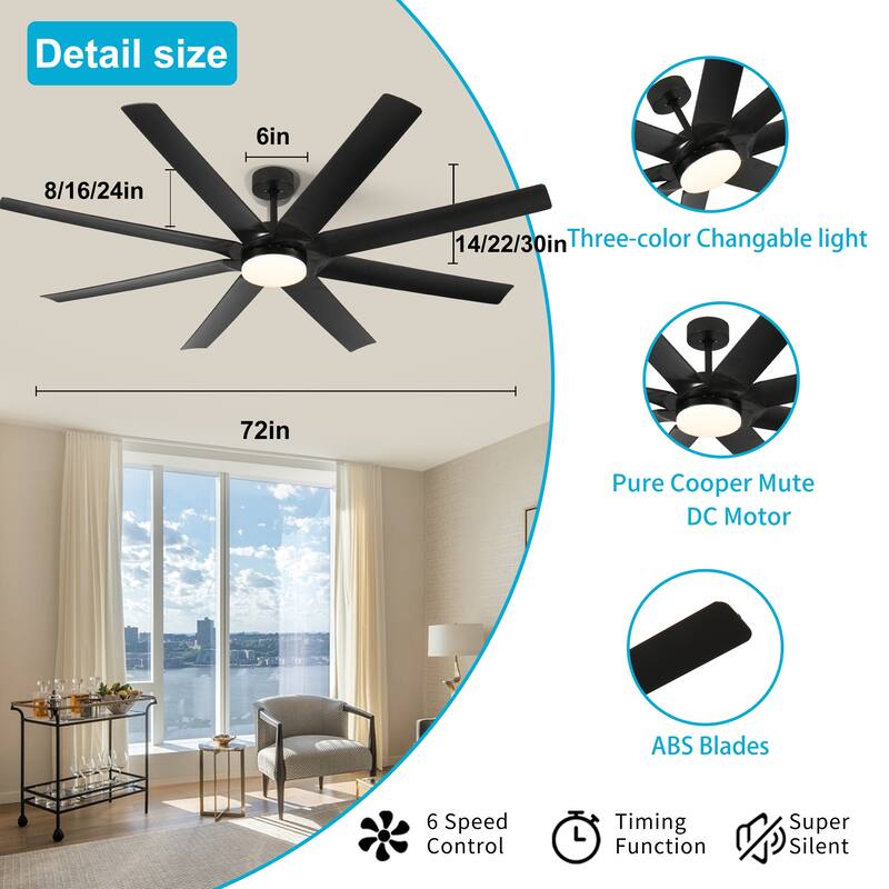 72 Inch Industrial DC Motor Ceiling Fan with light, Large Ceiling Fan with 8 Reversible Blades, 3 Downrods - Black