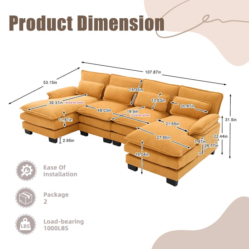 HOMEFUN Chenille Upholstered U-Shaped Modular Wood Frame Sleeper Sectional Sofa with Double Chaise