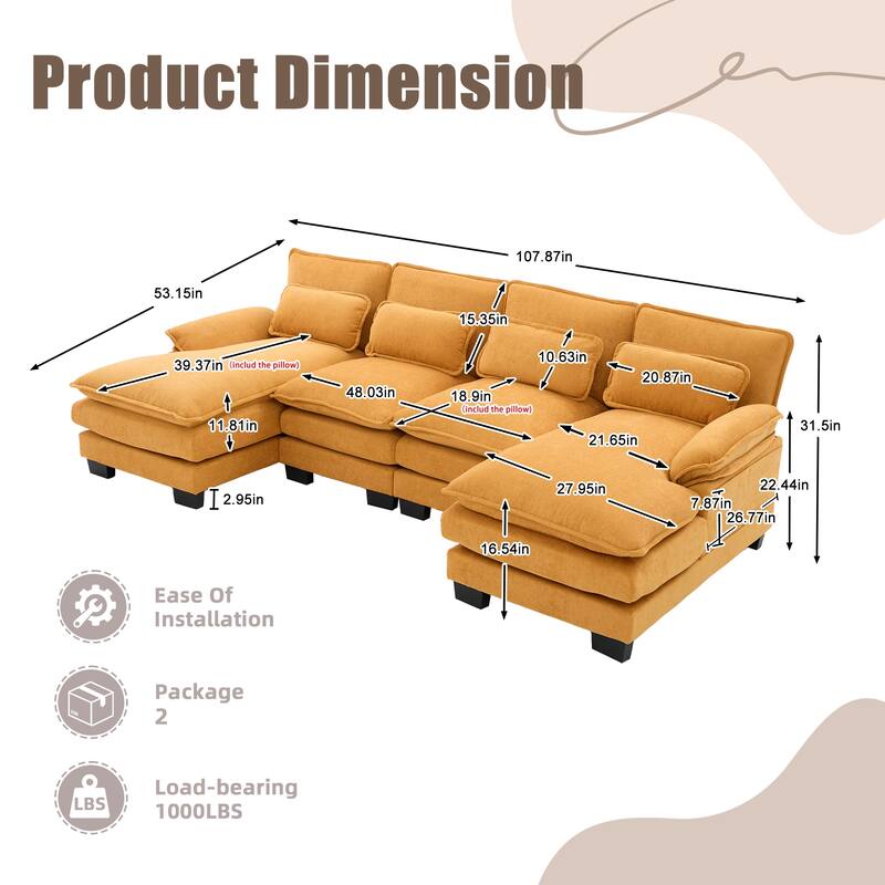 Symmetrical Chenille Upholstered Sectional Sofa U-shaped Cloud Couch with Double Chaise, Side Pockets and Double-layer Cushions
