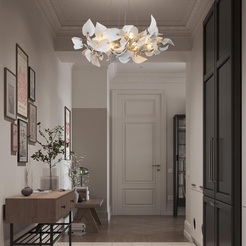 KAYLA 31.5" 6-Light Luxury Gold Round Chandelier, Modern Ceramic Leaf Branch