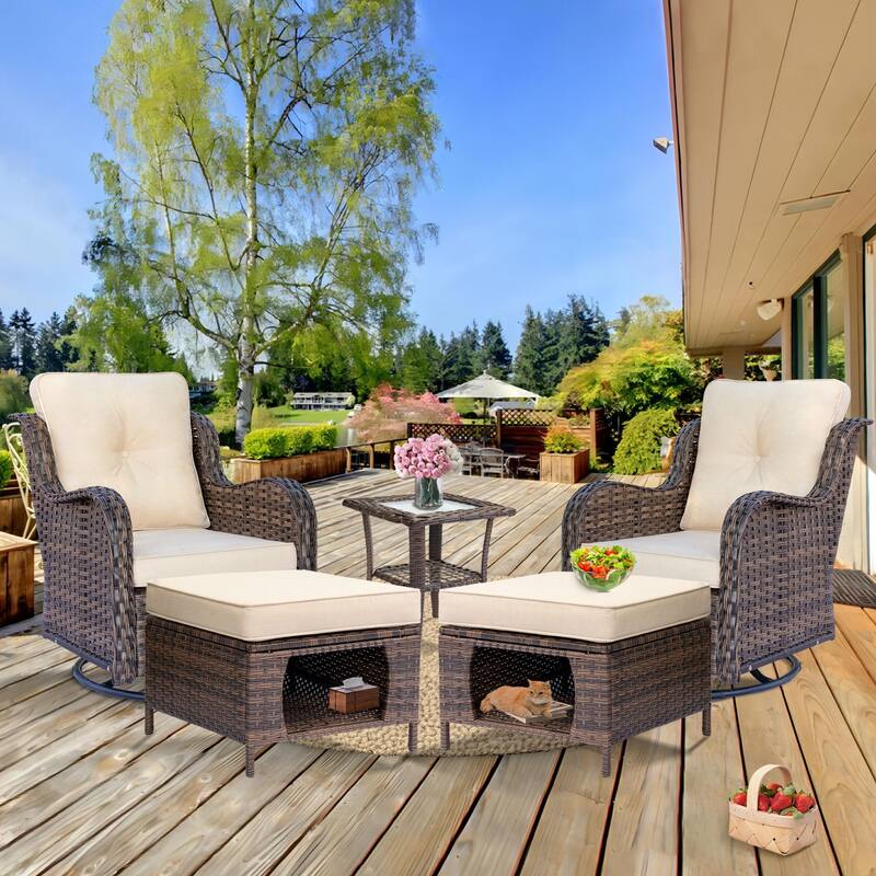 5 Piece Outdoor Wicker Patio Swivel Chair with Ottoman Conversation Set - Beige-Brown Wicker