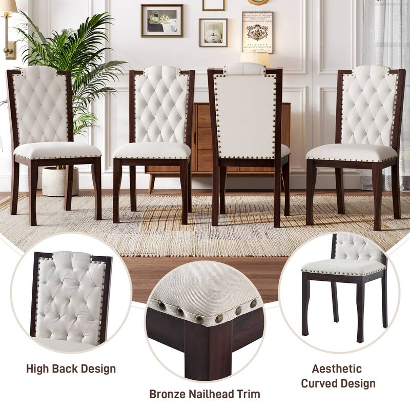 High Back Tufted Dining Chairs with Wood Legs, Nailhead Trim, Set of 4