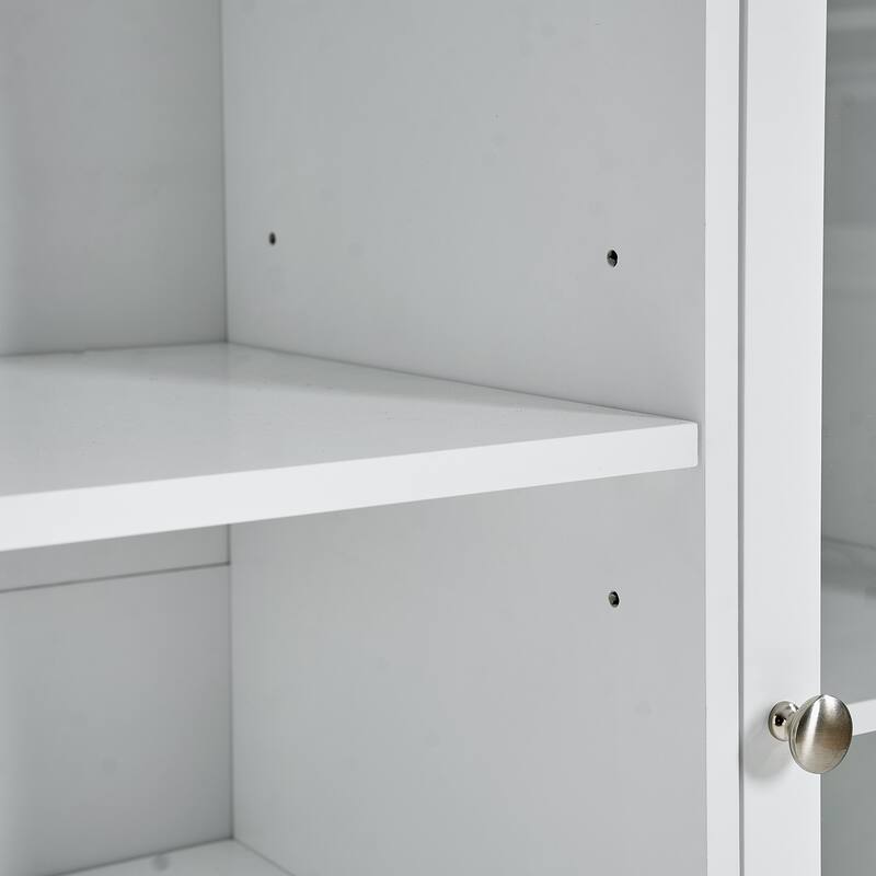 Pantry cabinet with two glass-paneled doors, two open shelves, and a spacious central drawer for versatile organization