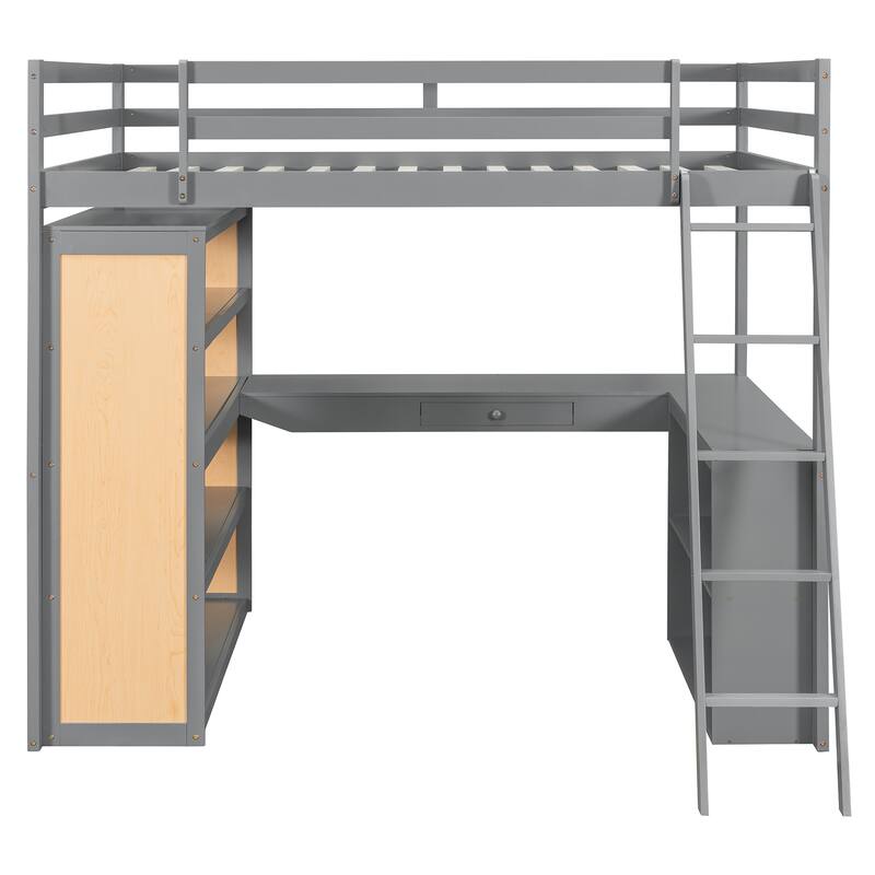 Roomfitters Full Size Loft Bed with Ladder, Shelves, and Desk, Solid Wood Frame, Space-Saving Study Bedroom Furniture, Gray