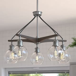 Avondale 25.5-in Satin Nickel and Wood Farmhouse 5 Light Chandelier Dining Room Hanging Fixture