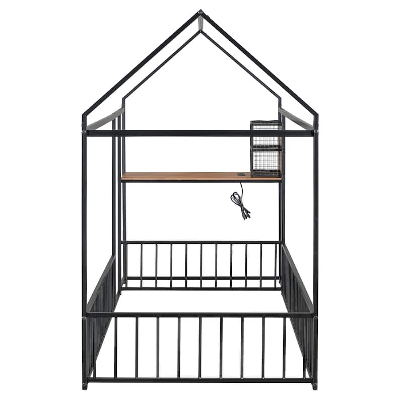 Stylish Twin Metal House Bed with Desk, Shelves, USB Ports, and Power Outlets - Modern Kids Bed