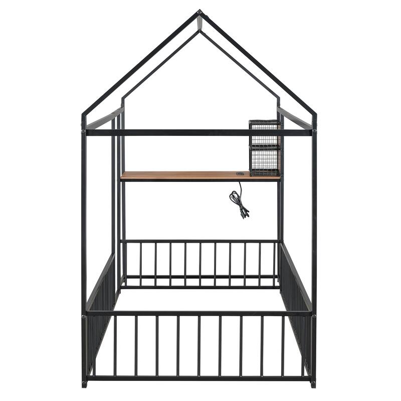 Twin Size Metal House Platform Bed Frame with Built-In Desk, USB Charging And Storage Shelves