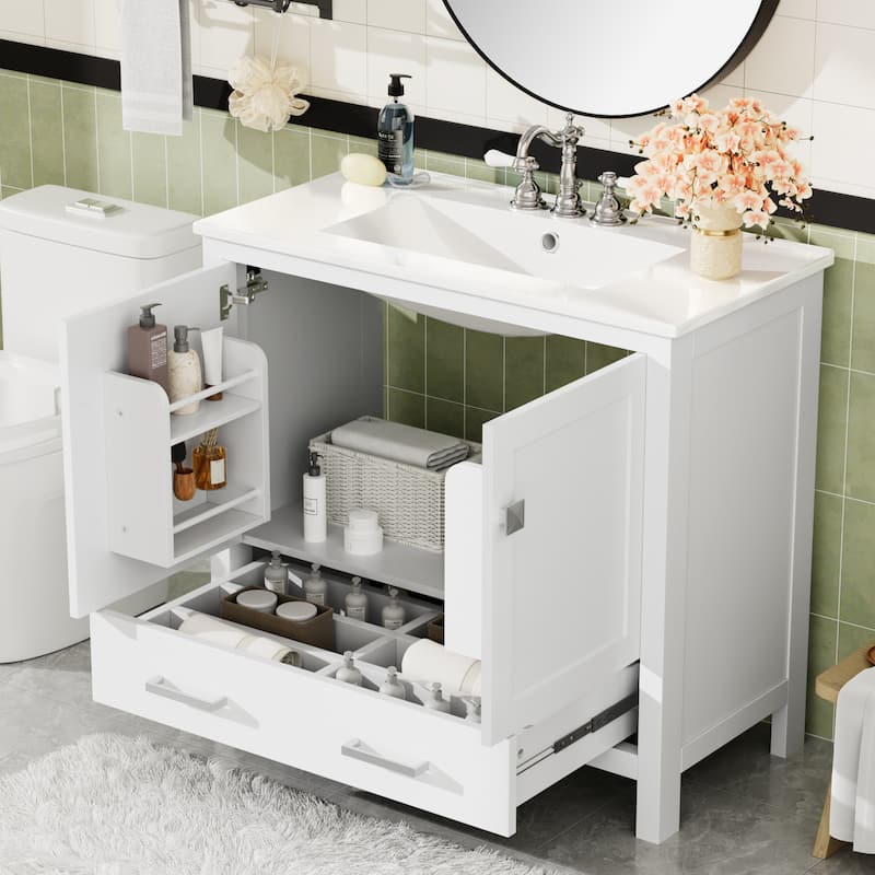36" White Bathroom Vanity with Ceramic Sink, Soft-Close Doors, Double Storage Shelves & Divided Drawer