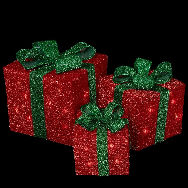Set of 3 Lighted Red and Green Tinsel Gift Boxes with Bows Christmas Outdoor Decorations 10"